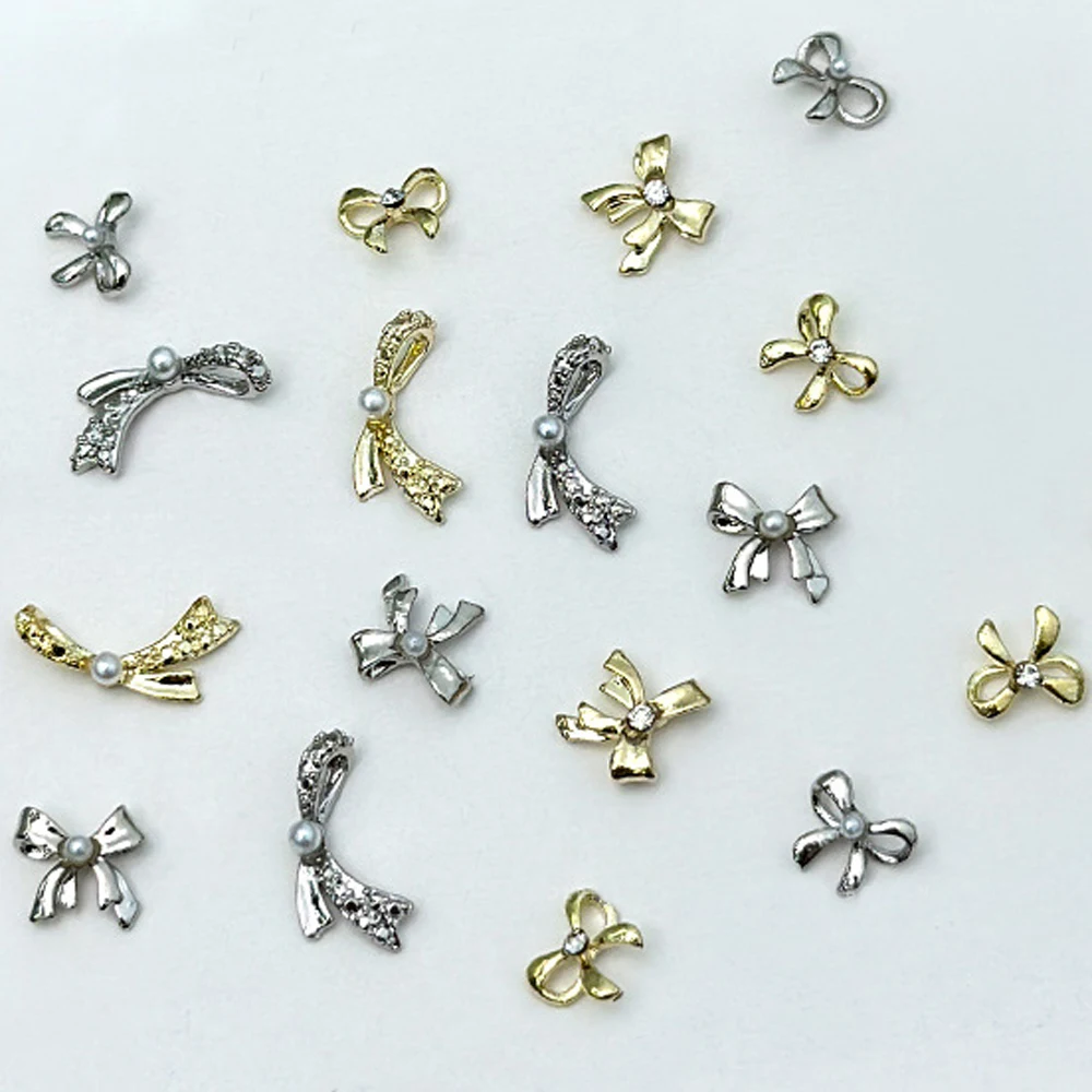 10pcs Luxury Pearl Ribbon Nail Art Charm 3D Metal Mini Hollow Ribbon Bowknot Nail Decor Parts DIY Japanese Design Nail Parts