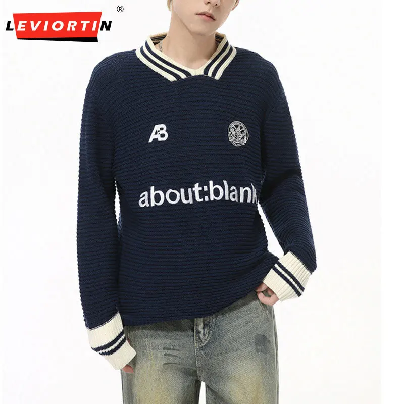 2024 Men's Autumn New Product American Letter Embroidery Retro Contrast Stripe Sports Style Knitted Loose Hoodie M4-F-M109