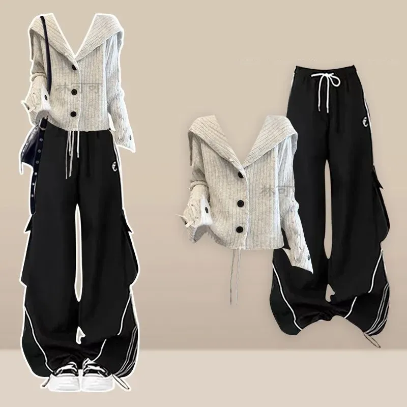 

Women's 2025 Autumn/Winter New Fashion Tracksuit Matching Set Korean Elegant Knit Sweater+Casual Cargo Pants Two Piece Suit