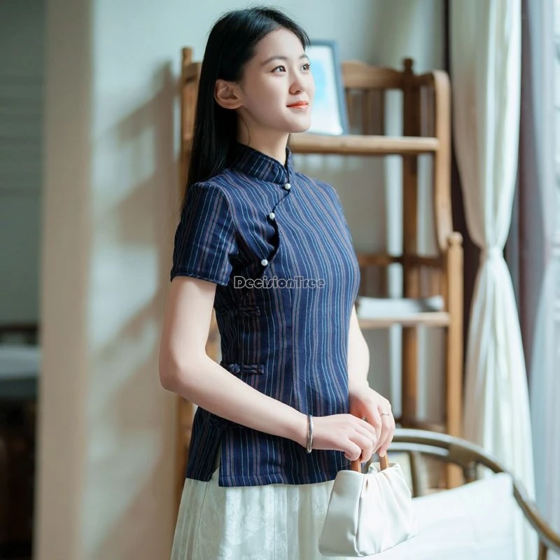 

2025 new chinese retro elegant style cotton linen stripes cheongsam top retro short-sleeved stand collar slimming qipao shirt