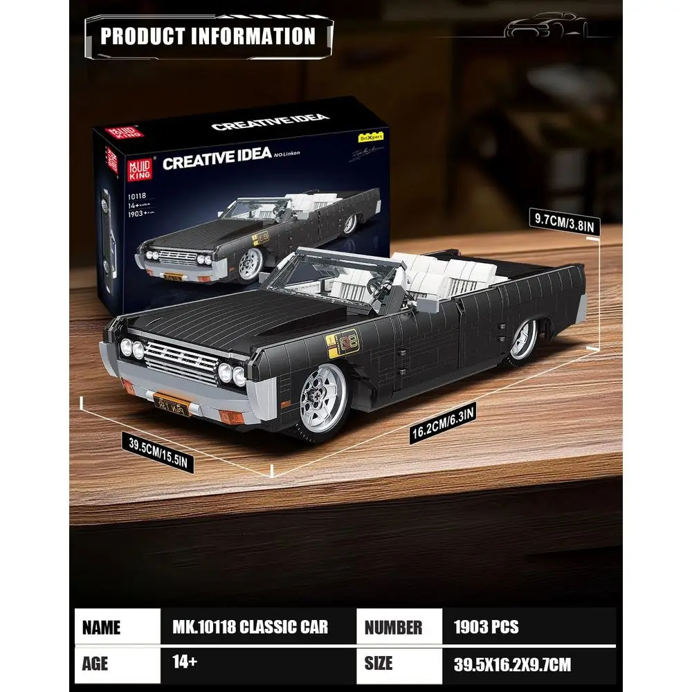 Classic Vintage Sports Car Building Blocks Kit, 1903-Piece Model Set for Ages 14+ and Adult Collectors (Static Version)