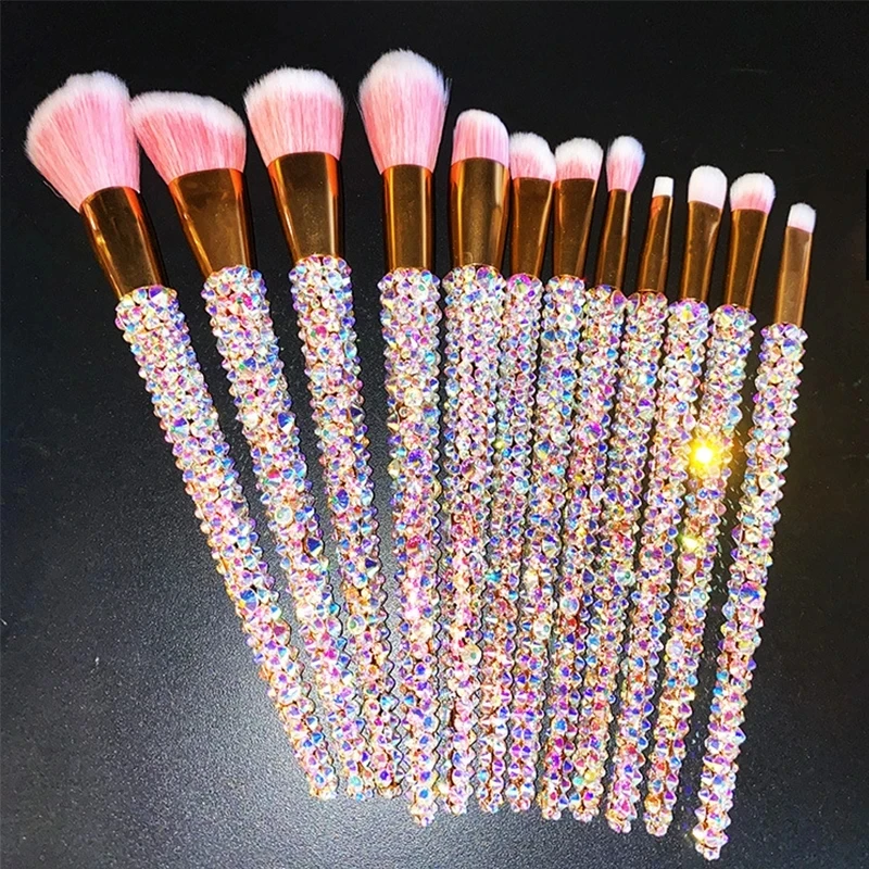 12Pcs/set Diamond-studded Makeup Brushes Gems Makeup Beauty Tools Full Diamond Loose Powder Foundation Concealer Brush Bling