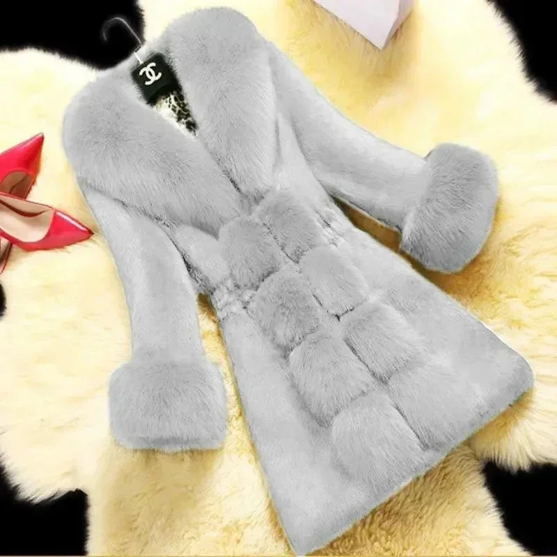 

Korea Fashion Imitation Rabbit Hair Jacket Women's Elegant Fake Fur Coat Female Clothing 2023 Winter Slim Warm Mid-Long Overcoat