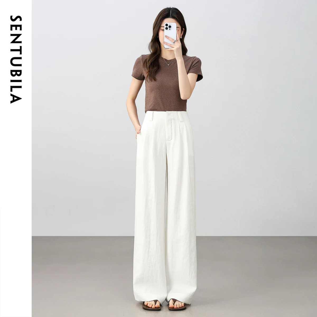 

SENTUBILA Summer Long Baggy Pant 2025 Women's White Wide-leg Commuter Pants High-Waisted Loose Fit Trouser Clothing 152K80129