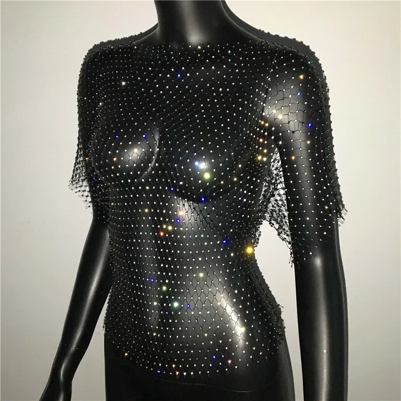 Sexy New Mesh Rhinestone Long Sleeve T Shirt Women Hollow See-through Fishnet Tops Summer Casual Shirt Party Club Women Clothing