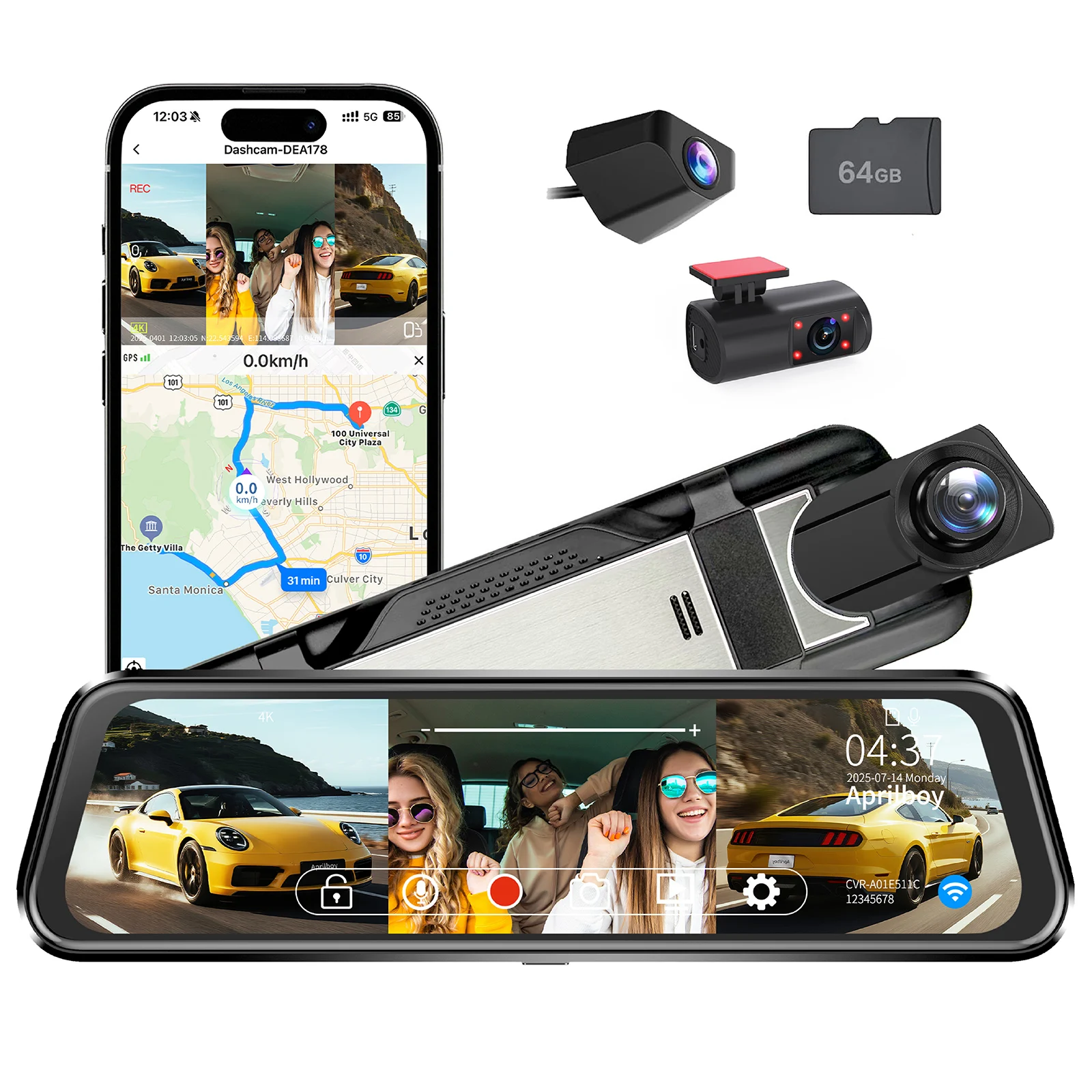 Aprilboy 10'' Car Dash Cam 3 Channel with GPS Night Vision WiFi for Car Front Left Right Rear Loop Recording 24H Parking Monitor