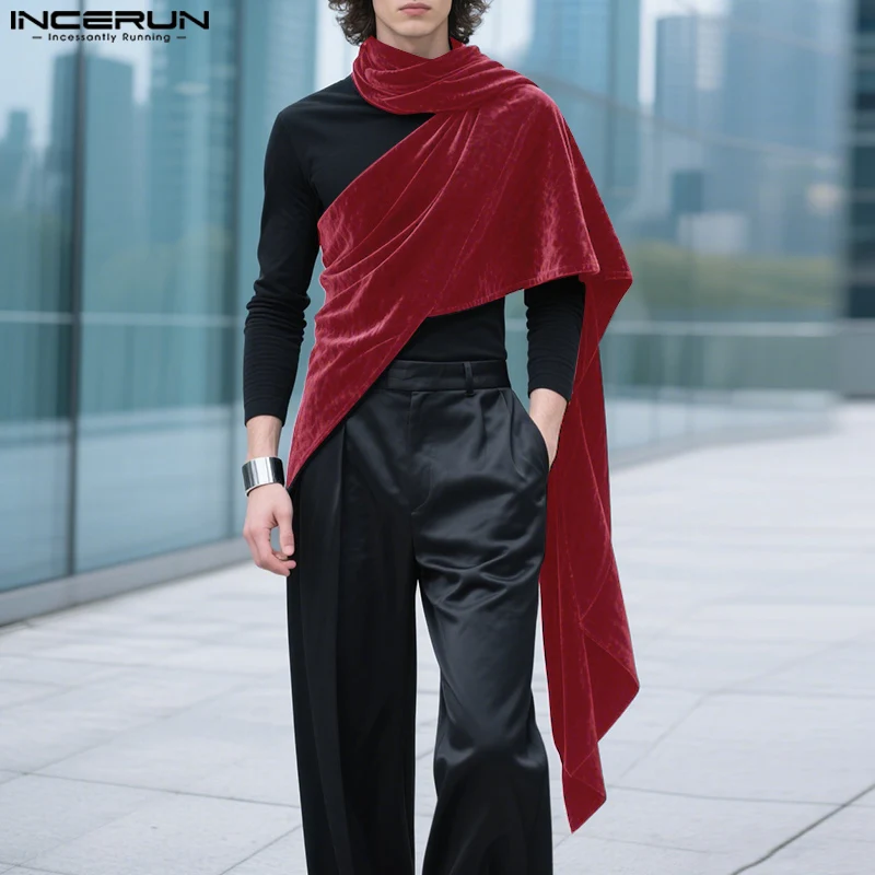 

INCERUN Men Irregular T Shirt Velour Patchwork Turtleneck Long Sleeve Male Tee Tops Streetwear 2025 Fashion Casual Men Clothing