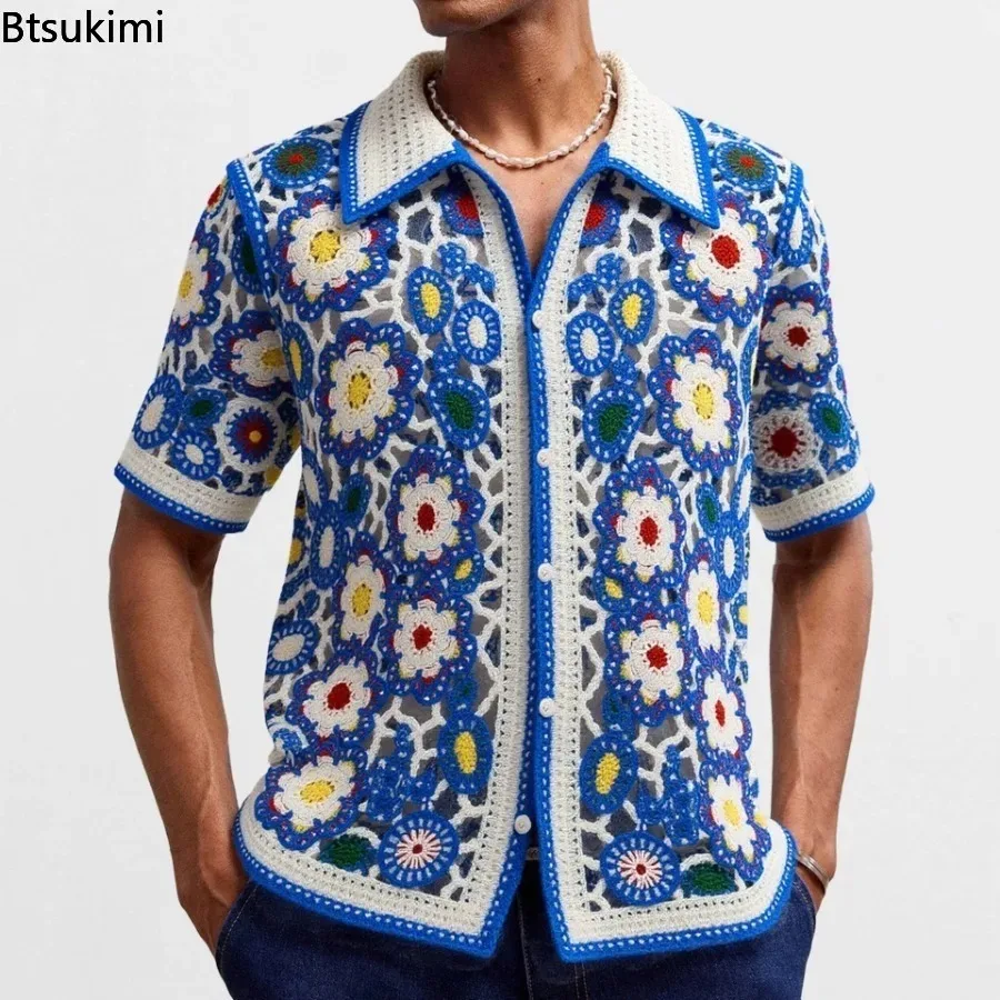 New Men's Cardigans Retro Ethnic Style Hollow Out Floral Embroidery Knitting Short Sleeve Polo Shirts High Quality Knitwear Tops