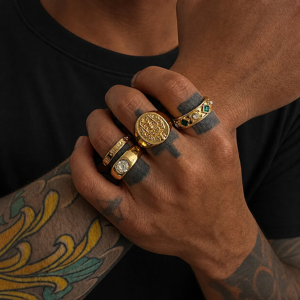 Green Stone Crest Ring Set For Men Gold Color Ring Silver Color Engraved Bands Vintage Royal Signet Jewelry Hip Hop Gift