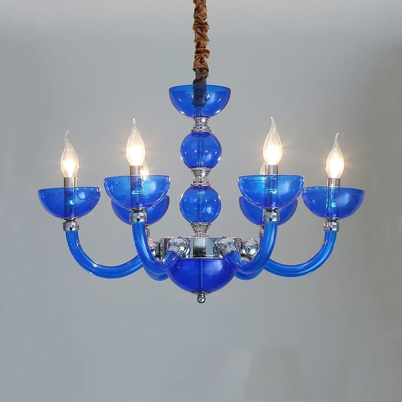 European Mediterranean Blue Ambience Chandelier E14 Glass Pendent Lamp Hotel KTV Apartment Bedroom Creative Droplight Decoration