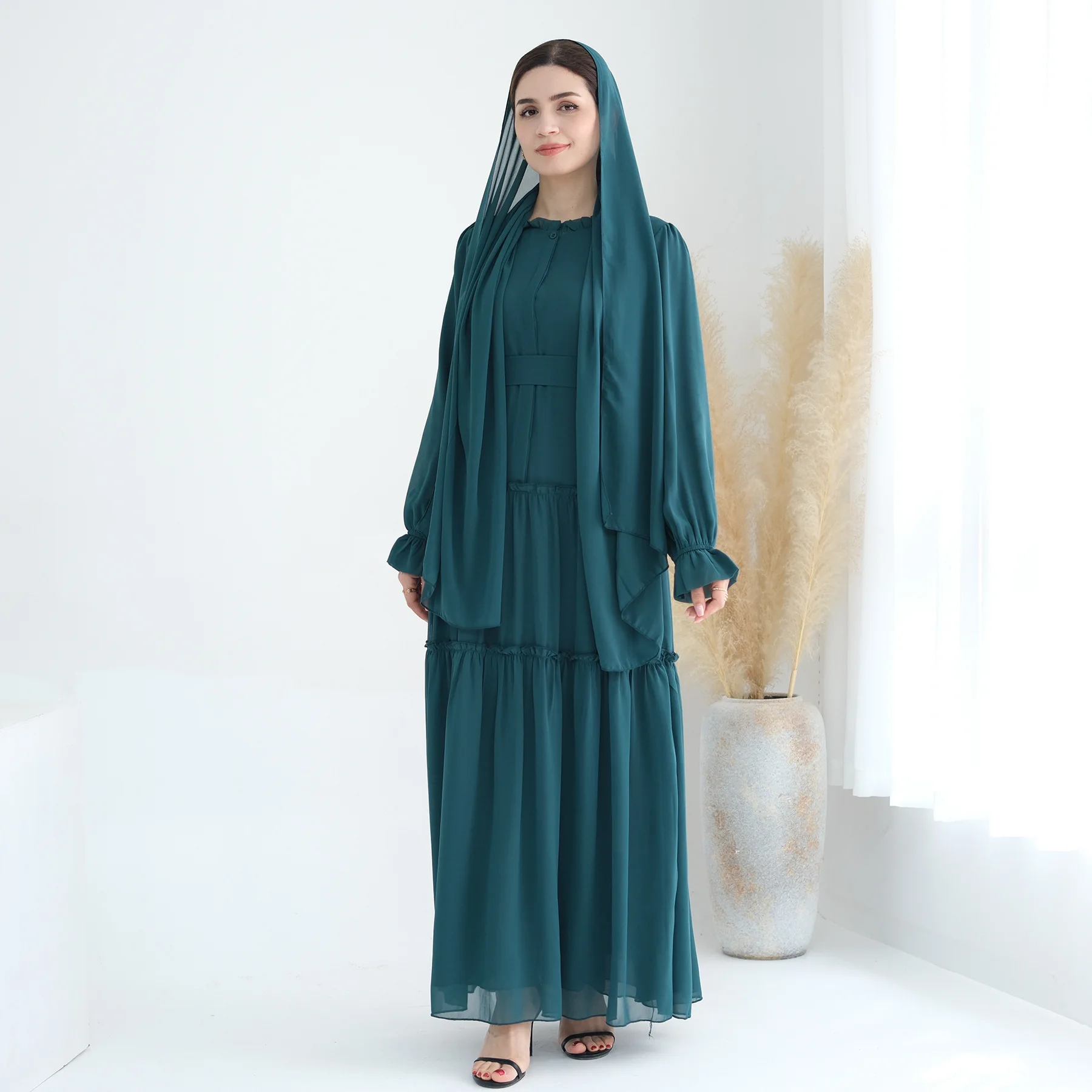 Ramadan Eid Chiffon Muslim Modest Khimar Abaya Set Dubai Turkey Islam Dress Abayas For Women Kebaya Kaftan Robe Femme Musulmane