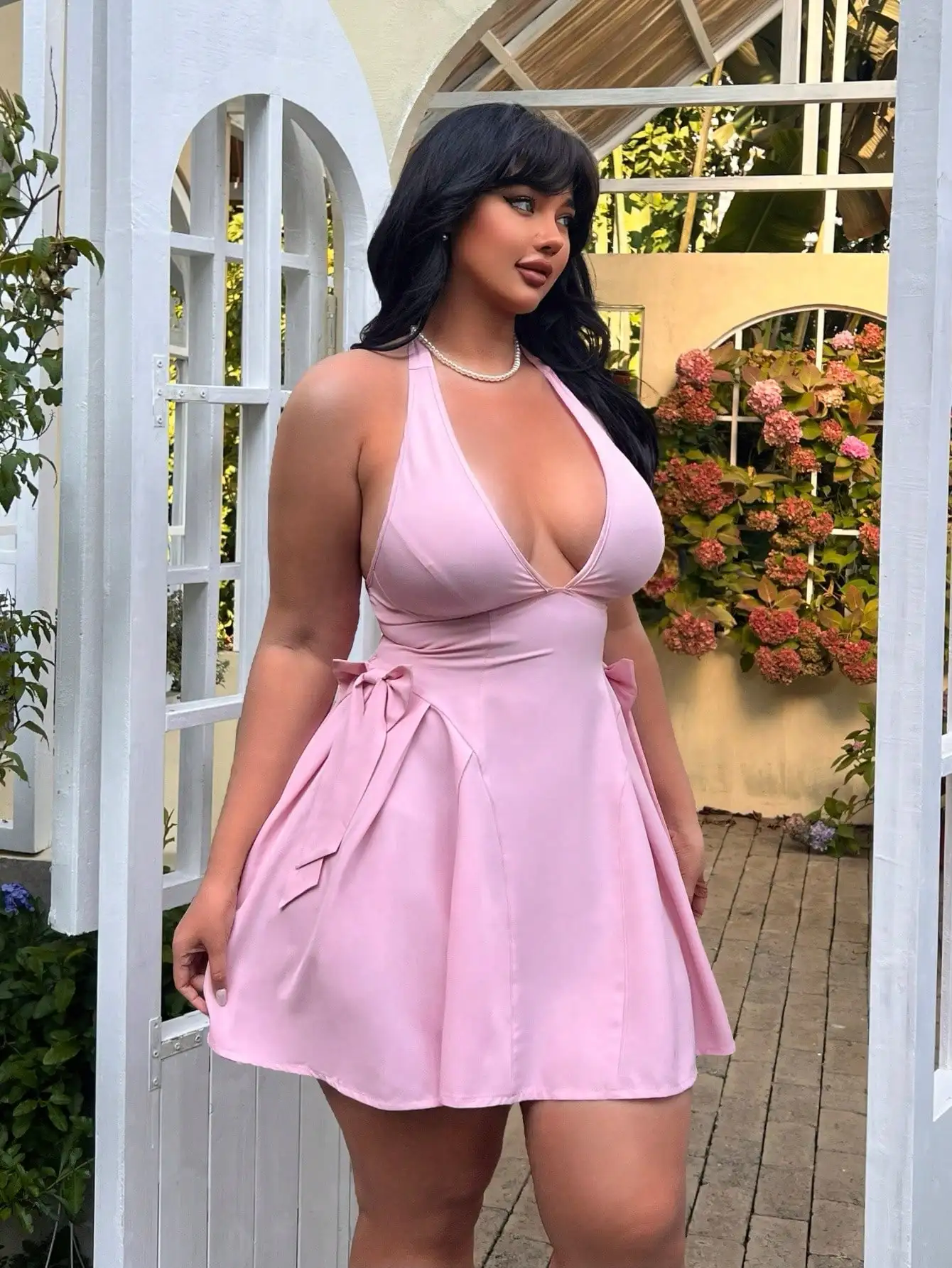 

Plus Size Halter Neck Deep V Mini Dress With Bow Detail Spring Summer Party Dress