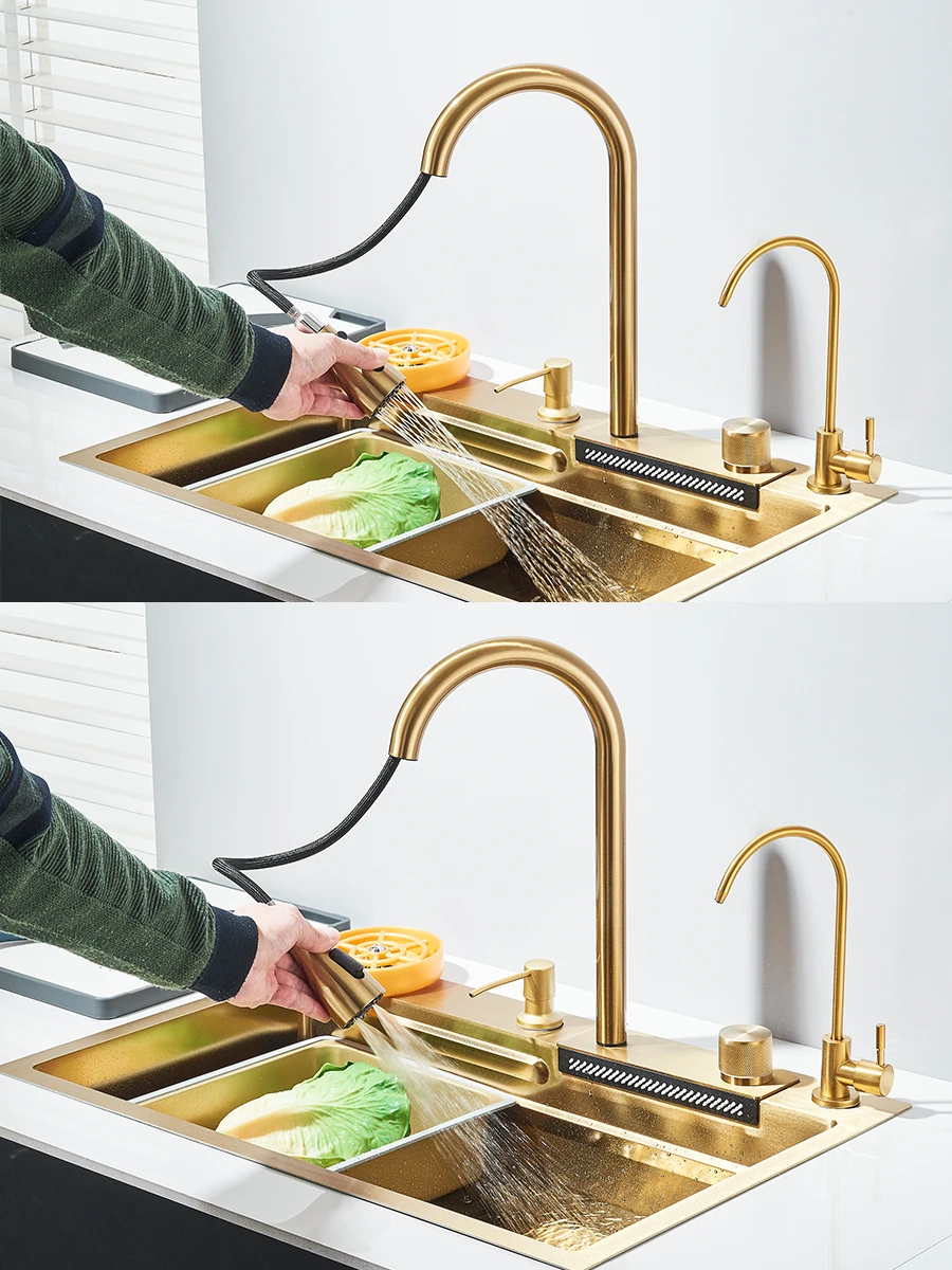 304 stainless steel waterfall kitchen sink large single slot integrated faucet set soap dispenser/pure water/cup washer