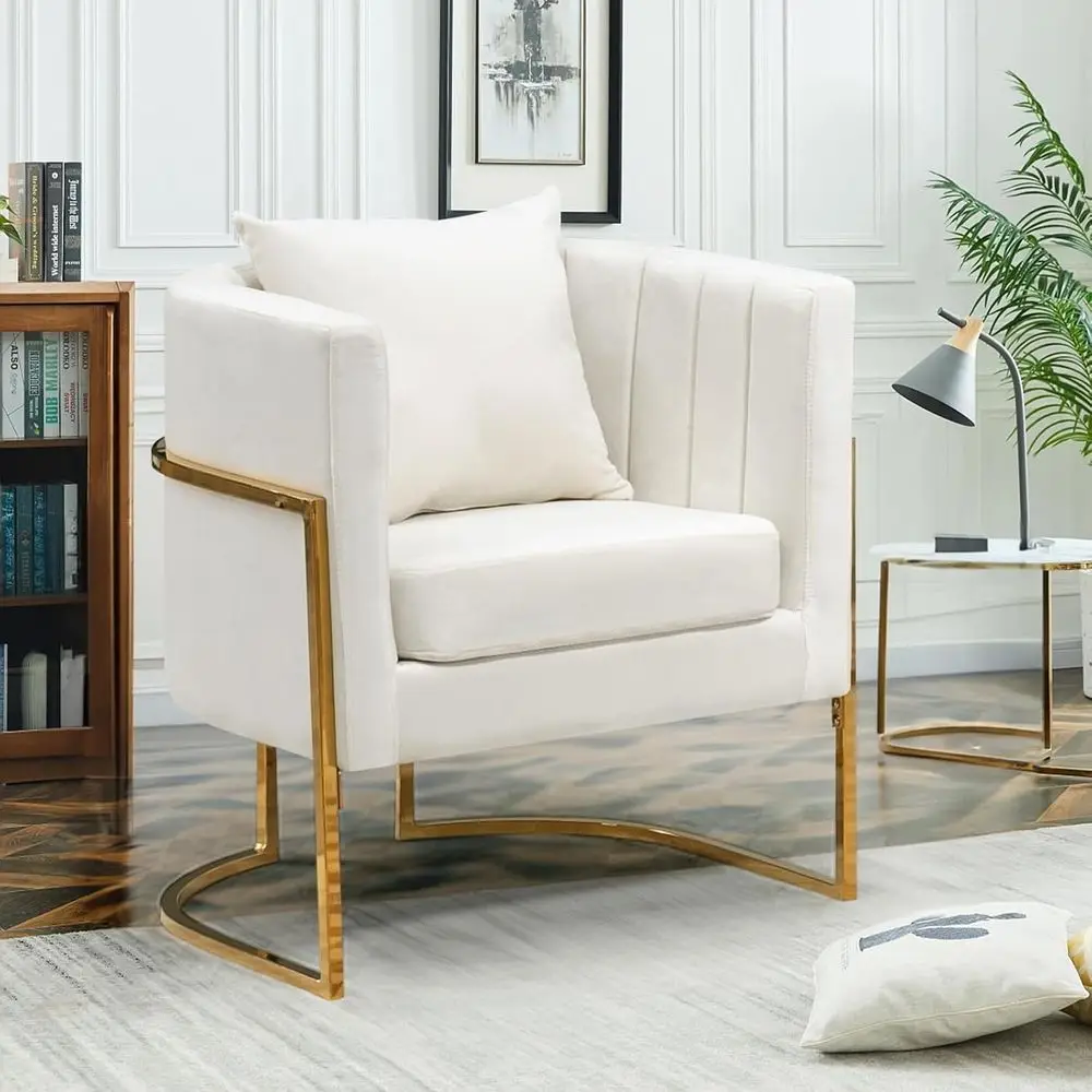 Pair of White Velvet Club Chairs with Gold Legs for Living Room or Bedroom