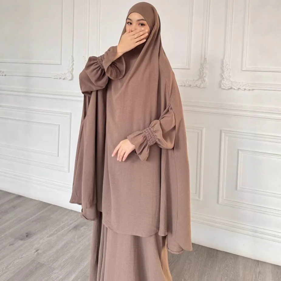 2PCS Muslim Abayas Hijab Prayer Dress Women Jilbabs Kaftan Islamic Dubai Saudi Robe Turkish Modesty Khimar Jalabiya Eid Djellaba