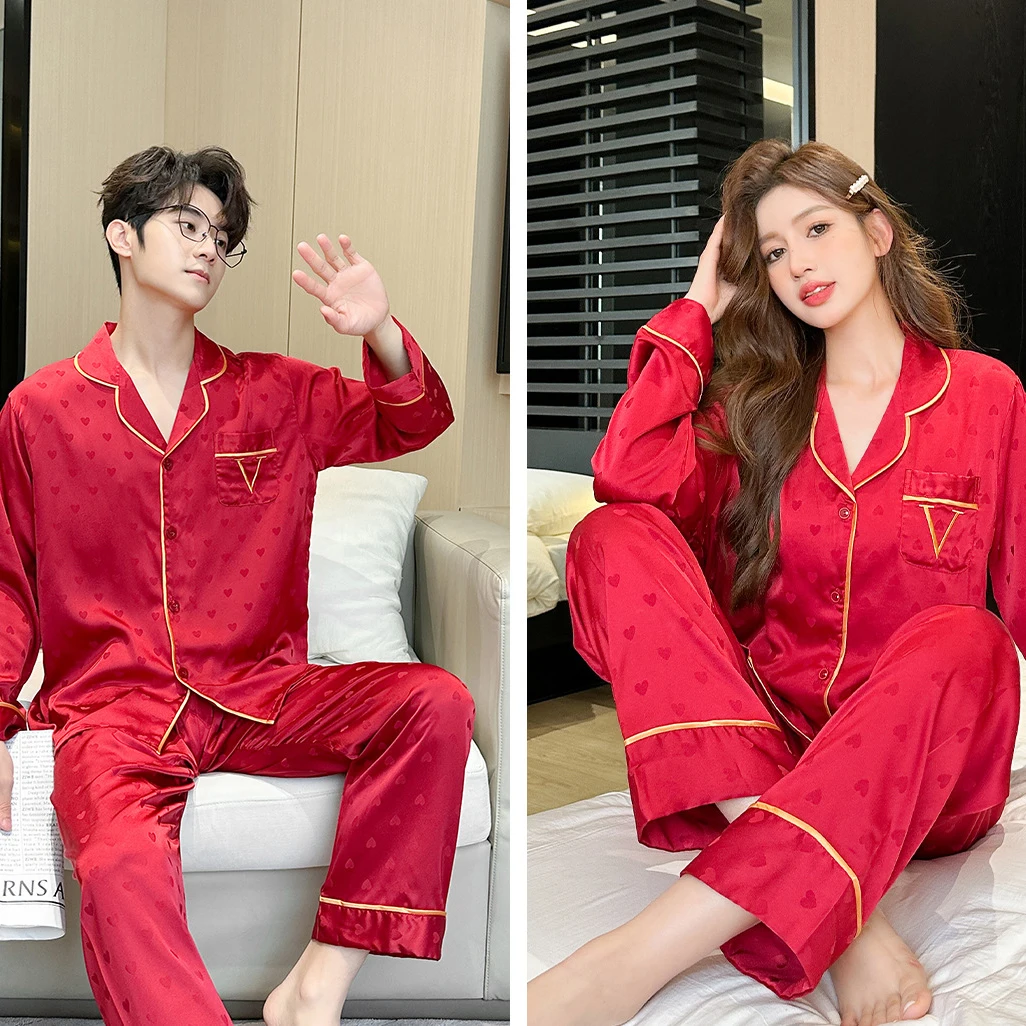 2024 Spring New Sleep Set Long Sleeve Home Clothes Women Satin Pyjamas Suit Lovers Nightwear Luxury Animal Year Red Shirt&pants