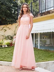 2024 Pearl Pink Chiffon Lace Long Bridesmaid Dresses Tulle Evening Gowns Formal Occasion Party Prom With Sashes Vestido de Festa