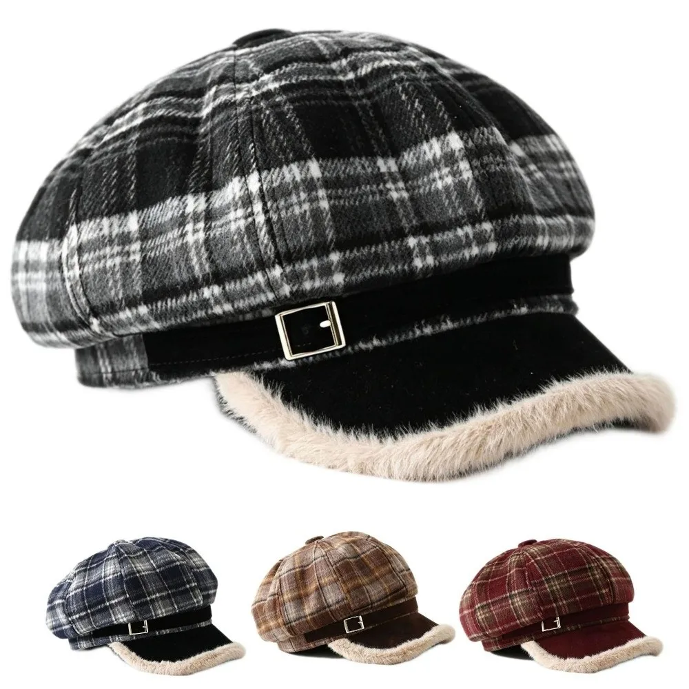 Gorra de moda con forro de piel sintética, diseño a cuadros, ajustable, con visera, forro cálido, boina de invierno.