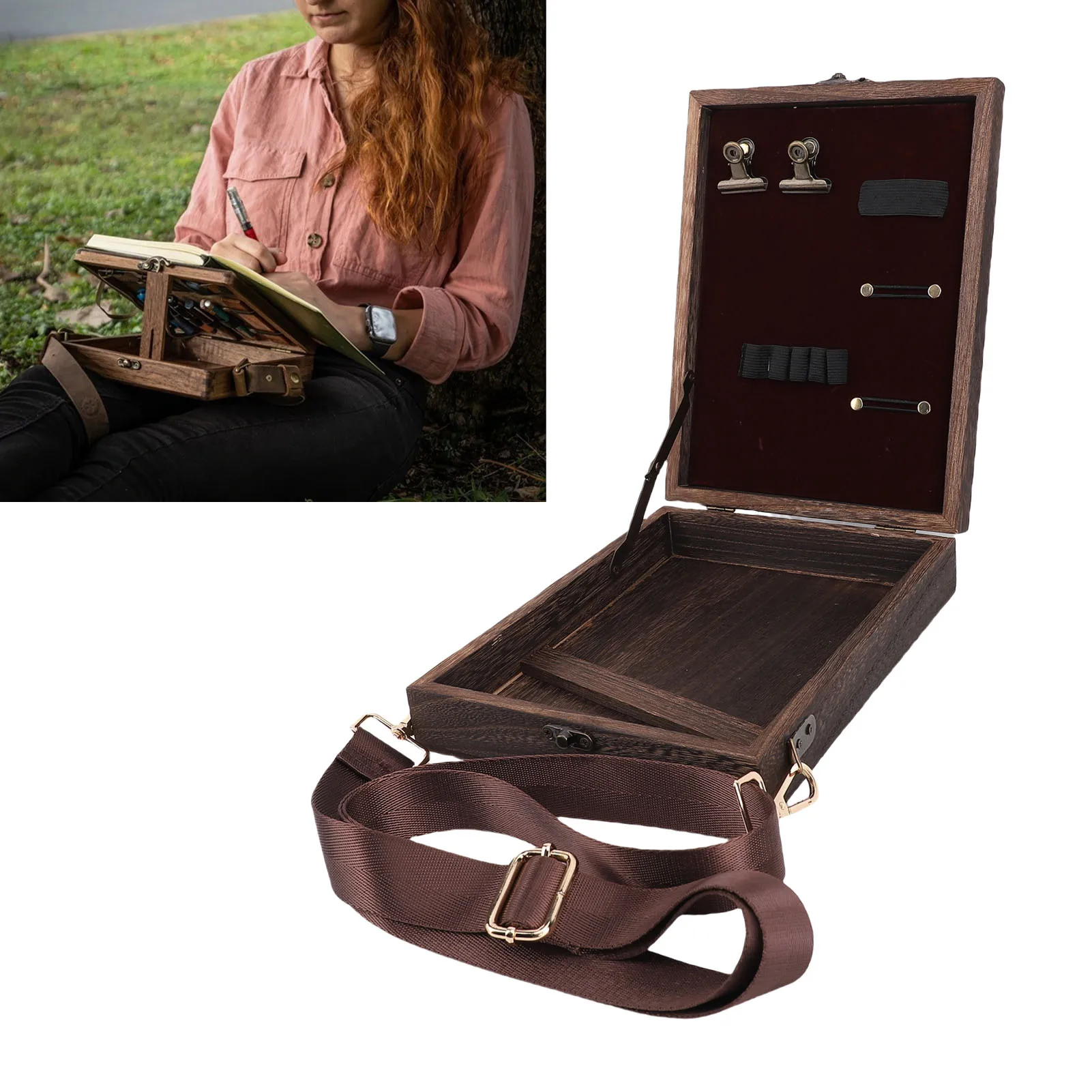 

Writers Messenger Wood Box Portable Wooden Artist Bag Easel Sketch Box with Adjustable Shoulder Strap for Outdoor Painting