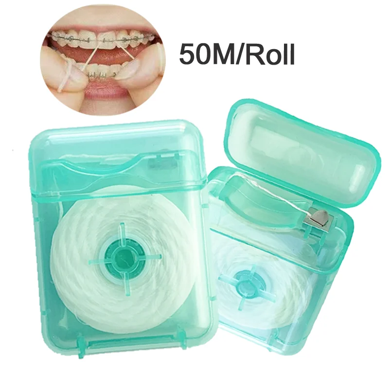 

50M/Roll Dental Flosser Toothpicks Interdental Brush Built-in Spool Wax Fluffy Floss Flat Wire Mint Flavored Water Expands Floss