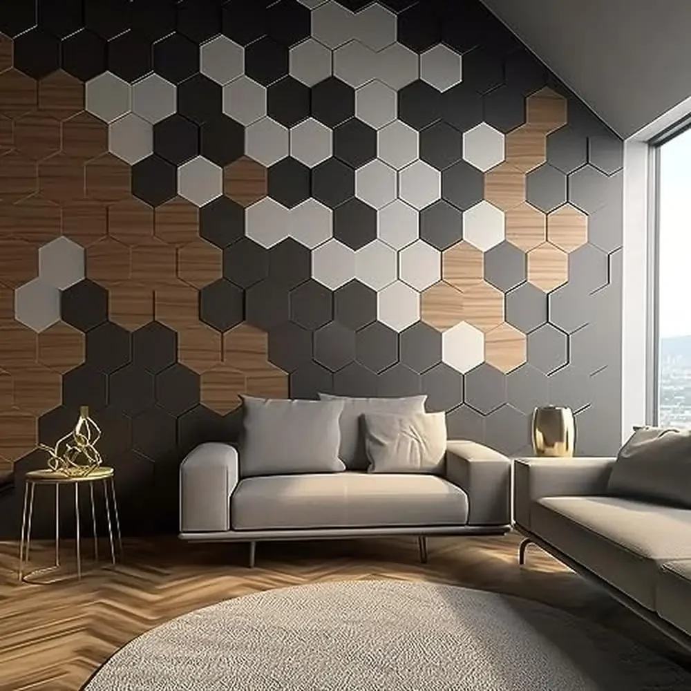 Modern Hexagon 3D Honeycomb Painéis de Parede, Estilo Mosaico, Modular, Fácil Instalação, Madeira, Metal, PVC, Preto, Branco, Ouro, Brnz, Prata, Conjunto de 15