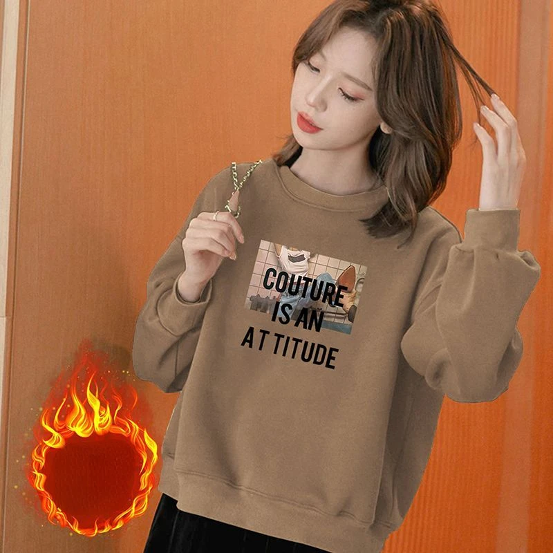 Crop Sweatshirts Women Retro Prints Autumn Winter Korean Fashion Students Daily Loose Casual Tops Simple Young All-match Mujer