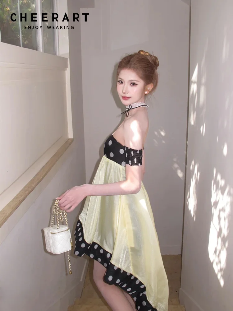 CHEERART Polka Dot Patchwork Gelbes trägerloses kurzes Kleid für Damen, schulterfreies Sommerkleid für Urlaub, Urlaub, Geburtstag