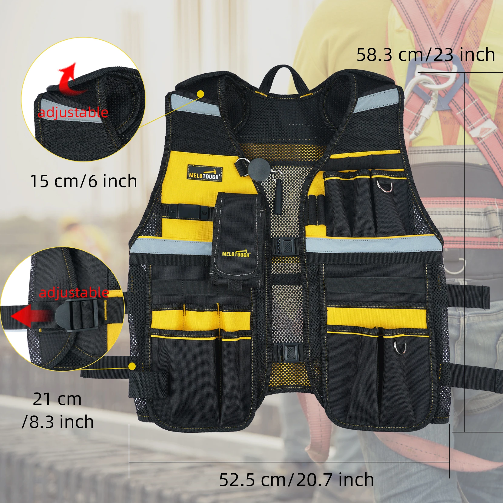 MELOTOUGH Tool Vest Reflective Safety Tool Vest with Removable Phone Holder for Electrician,Carpenter,Construction