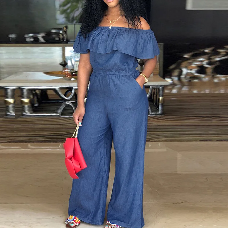 Plus Size Jean Jumpsuit Female Off Shoulder Denim Cloth Women One Piece Outfit Casual Wide Leg Pant 2023 Autumn Elegant Jumpsuit