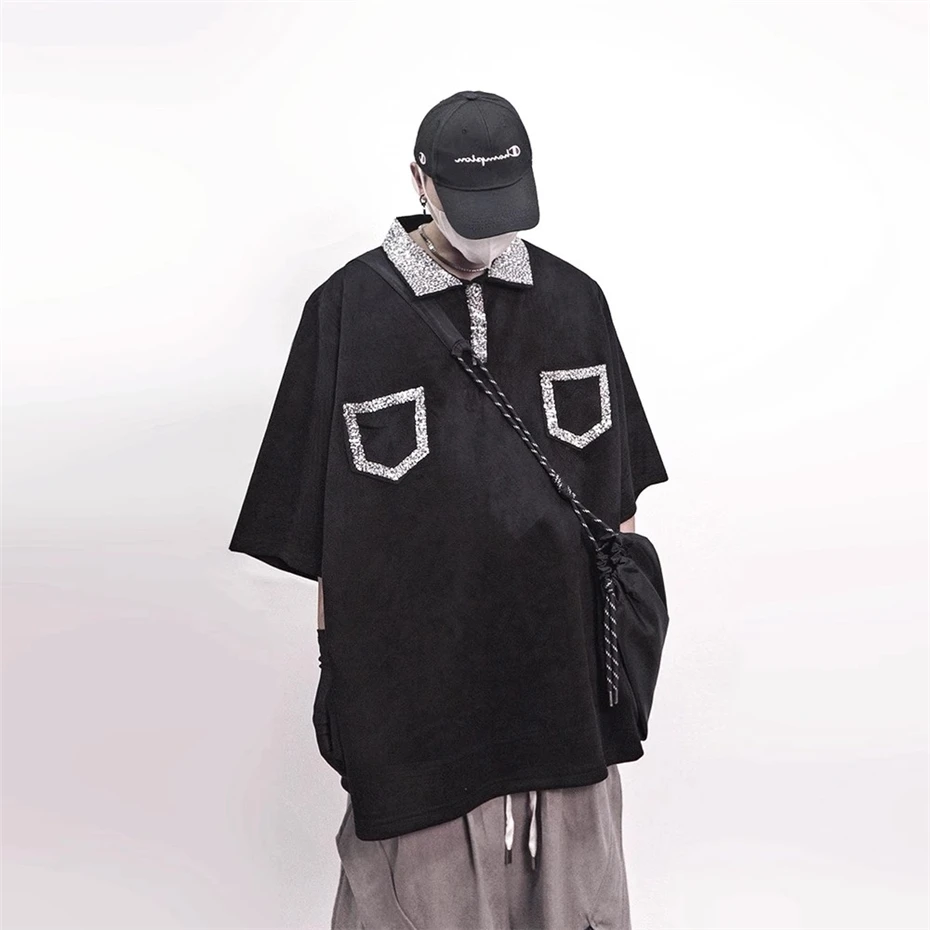 Sequin Embroidery Polo Shirts Men Streetwear Hip Hop Punk Short Sleeve T-shirts Oversized Harajuku Vintage Casual Tees Tops Male
