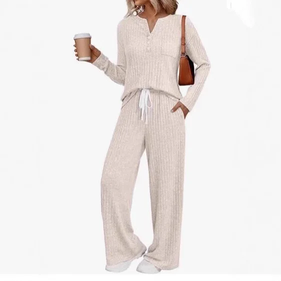 

2025 New Fashion V-neck Solid Color Shirt + Wide-leg Pants Two-piece Set Women Autumn Casual Striped Top Trousers Suit For Women