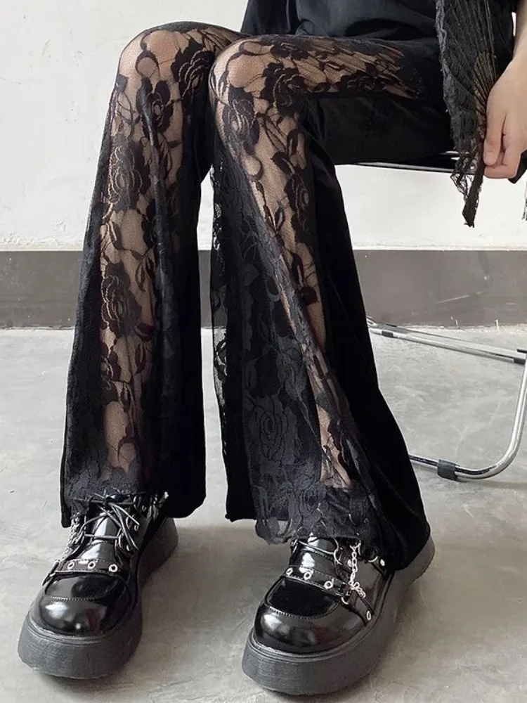 Voir à travers Y2k esthétique Streetwear pantalon décontracté été mince Patchwork dentelle pantalon Vintage taille haute Sexy Streetwear pantalon