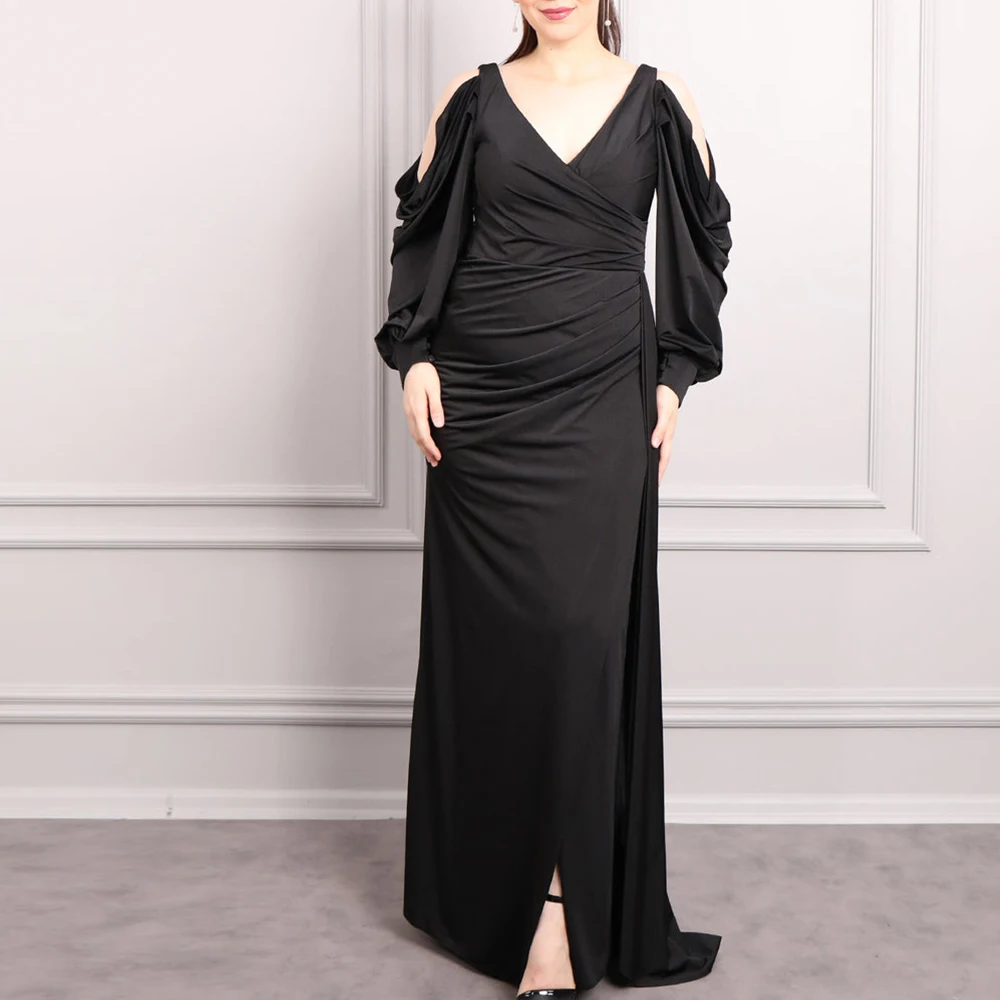 

V Neck Satin Long Sleeves Straight Floor Length Pleats Sweep Train Solid Black Classic Celebrity Dress Special Occasion Gowns