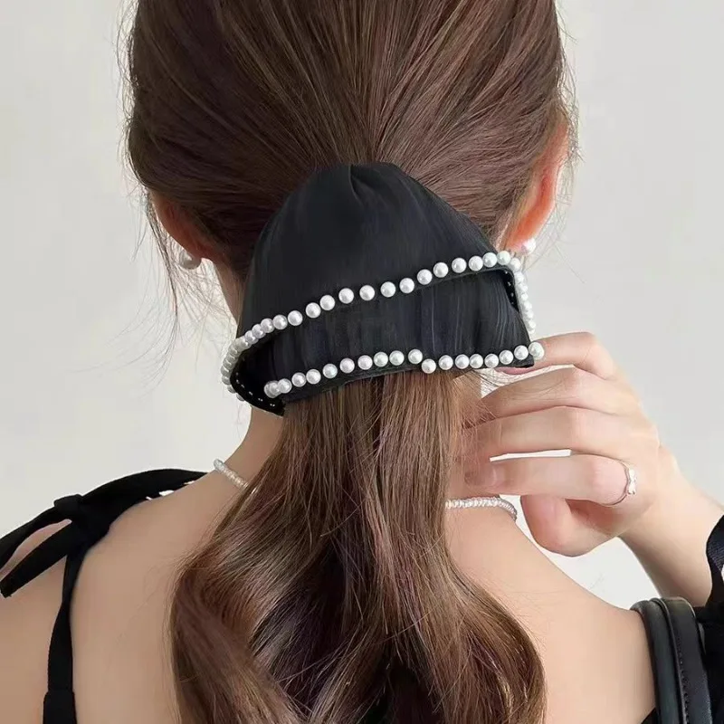 Retro Satin Pearl Pleated Oversized Scrunchie Headdress 2024 Autunn Winter Luxury Temperament Women Hair Band Hair Accessories