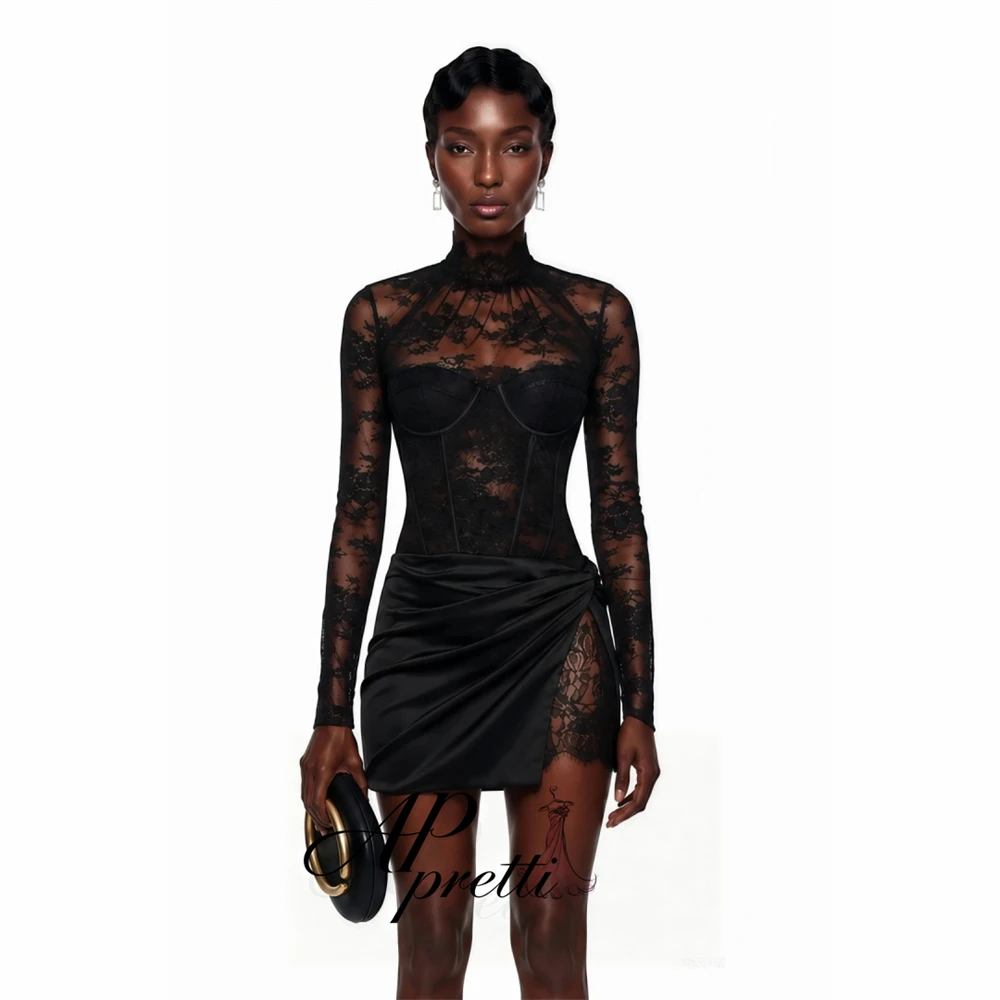 AP pretti Sexy Vintage High Neck Long Sleeve Lace Mini Evening Dress Customized Illusion Satin Slit Short Prom Party Gown Modern