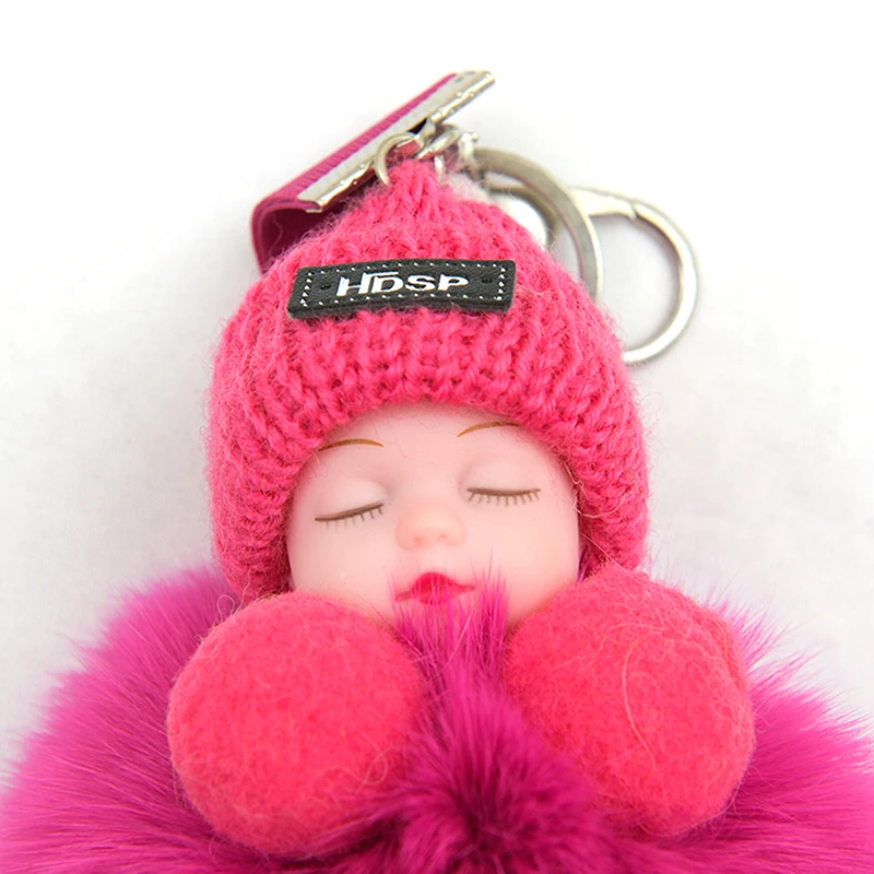 Pompom Sleeping Baby Keychain Cute Fluffy Plush Doll Keychains Women Girl Bags Keyrings Cars Key Ring Gift Charming Decoration