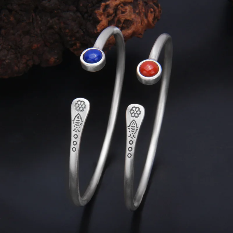 

Uglyless Antique Totem Fish Flowers Bangles for Women Exotic 999 Full Silver Ethnic Jewelry Natural Agate Lapis Bracelet Vintage