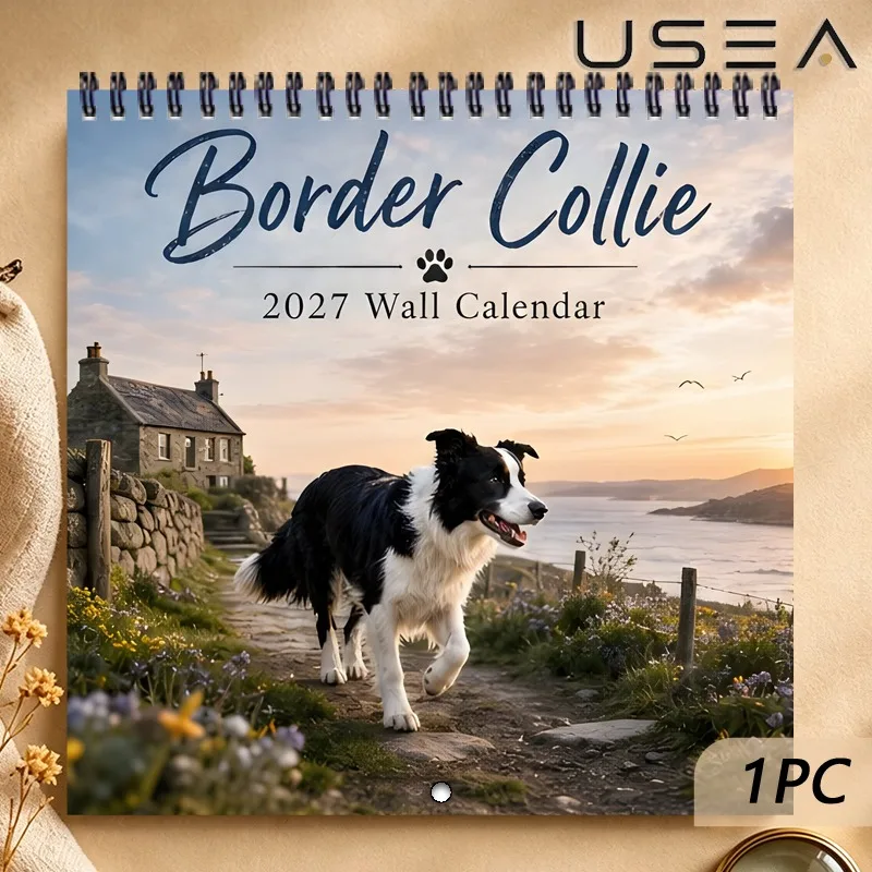 2027 Border Collie Wall Calendar, 12-Month Monthly Planner & Habit Tracker, Scenic Coastal Theme, Christmas New Year Gift