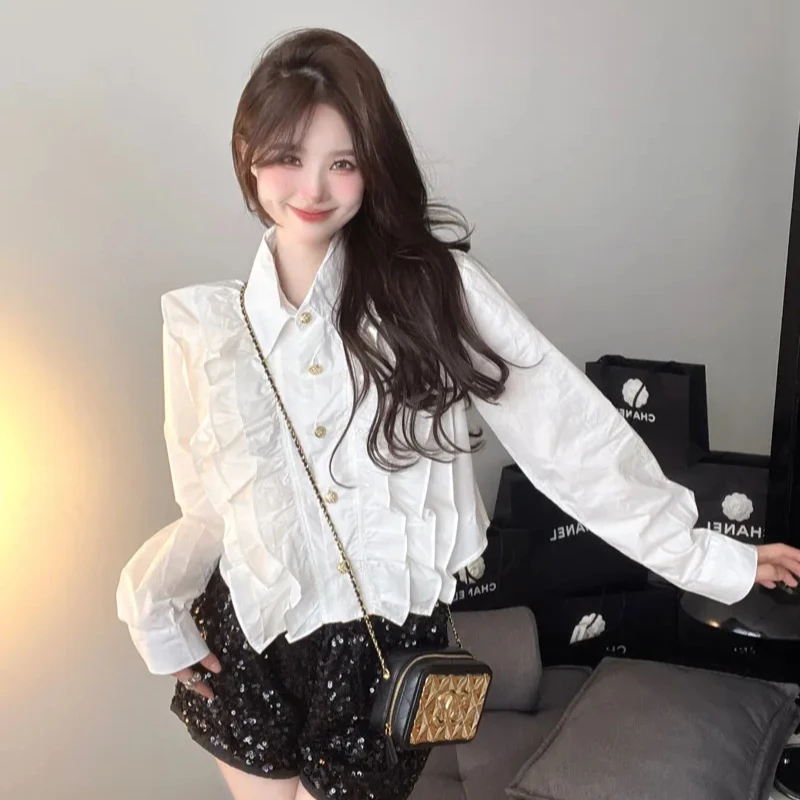 

Белая рубашка с длинными рукавами и оборками, женская летняя рубашка с металлическими пуговицами и лацканами, свободные короткие блузки, элегантные топы во французском стиле ретро, новинка Mujer