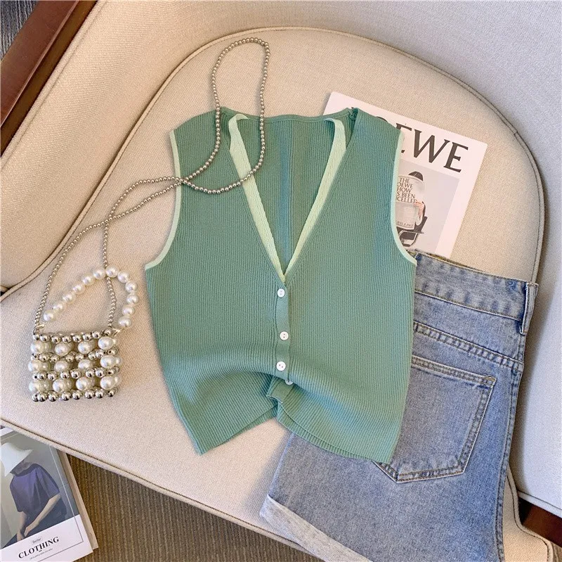 Fake Two Pieces Sweater Vest Women 2024 Summer Sleeveless V-neck Tops Knitwear Stylish Fashion Chic Sexy Ladies Jumpers Vests