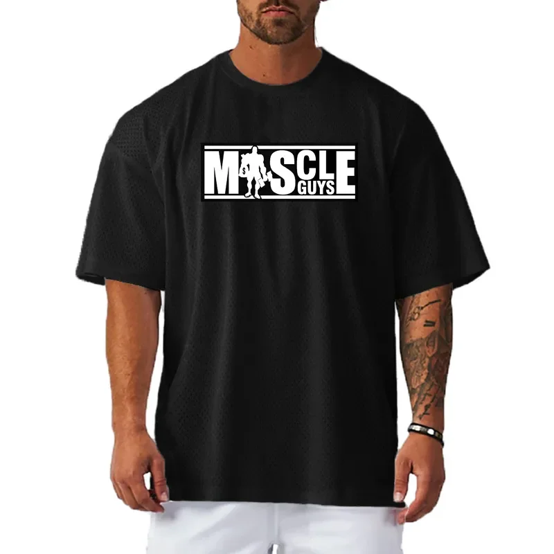 

New Oversized Loose Gym Fitness Men's T-shirt Sport Bodybuilding Quick Dry Breathable Tops Summer Mesh O-neck Printed Muscle Tee