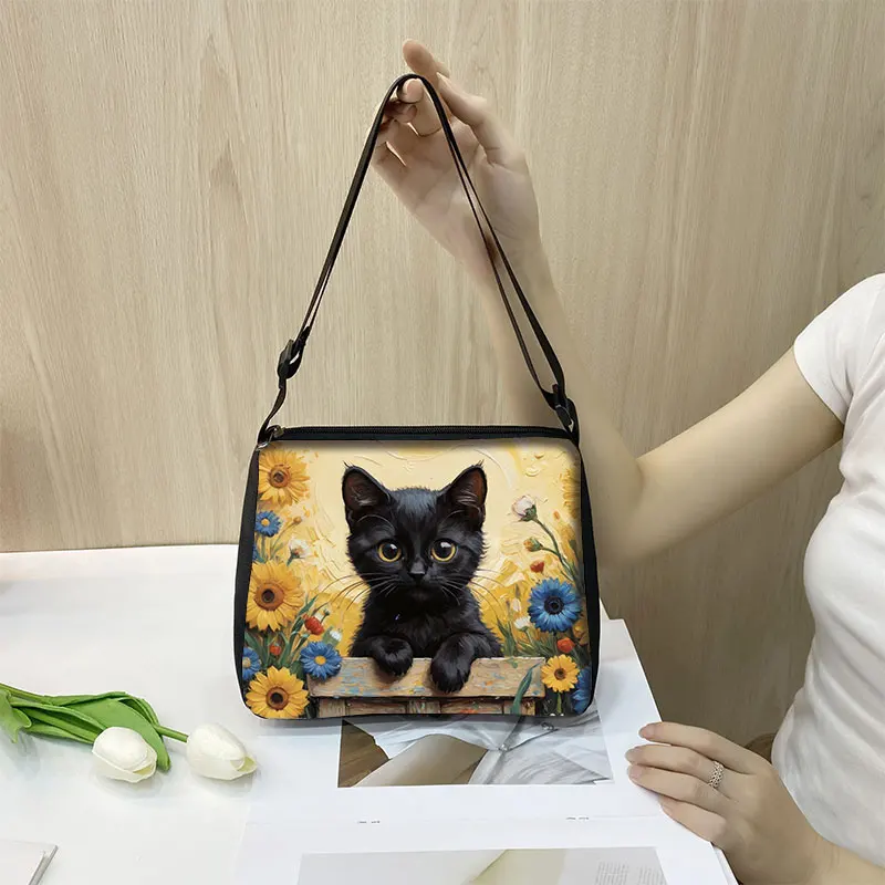 Oil Painting Van Gogh Black Cat Shoulder Bags The Starry Night Women Portable Handbags Messenger Bag Phone Holder Crossbody Bag