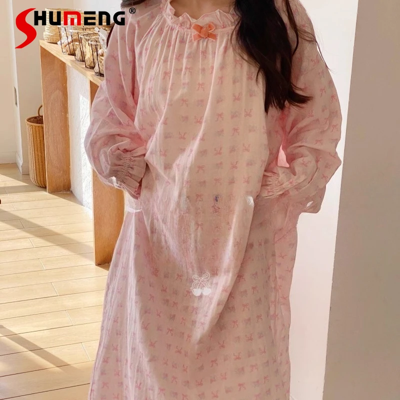 

Floral Bow Loose Cotton Nightdress for Women Japanese Style Gauze Homewear Pajamas Female Comfortable Cute Casual Nightgowns