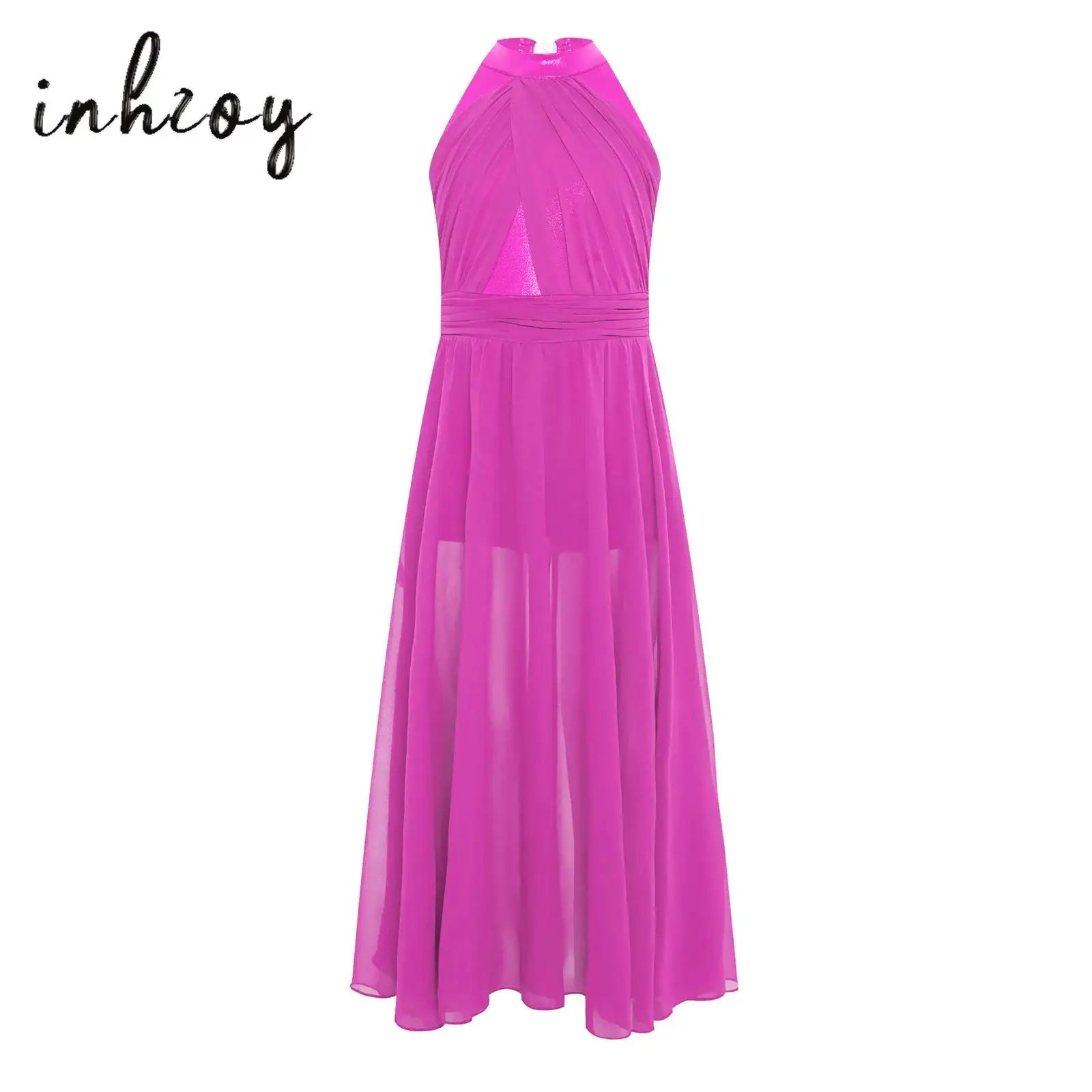 

Kids Girls Modern Lyrical Dance Dress Chiffon Sleeveless Shiny Metallic Bodice Zipper Ruched Mesh Split Maxi Dress Ballet Dress