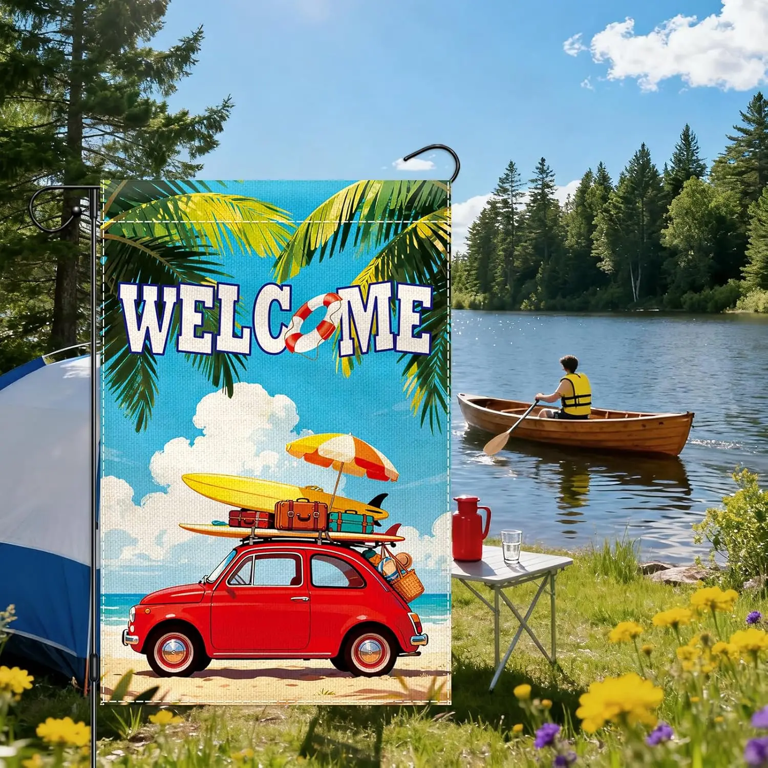 Welcome Car Beach Garden Flag 12x18 Inch Double Sided, Tropical Hawaii Ocastal Yard Flag for Spring Summer Outdoor Decor, Sm ZZM