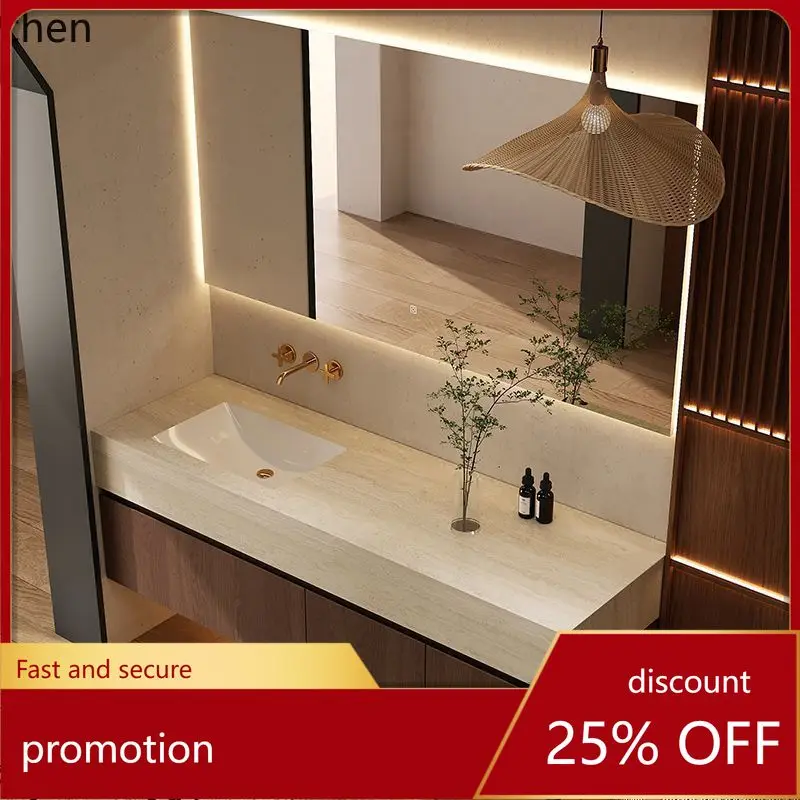 

CZ Bathroom Cabinet Stone Heat-Bent Rock Plate Seamless Ceramic Basin Smart Combination Vintage Style Bathroom Cabinet