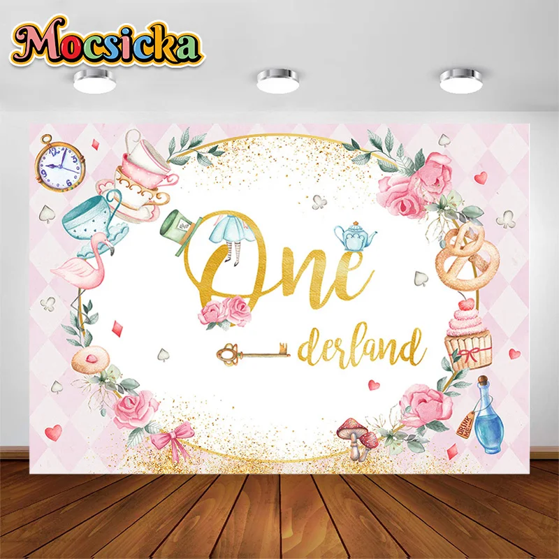 Mocsica1st 생일 파티 사진 배경 이상한 나라의 앨리스 장식 소품, 신생아 베이비 샤워 사진 배경 배너