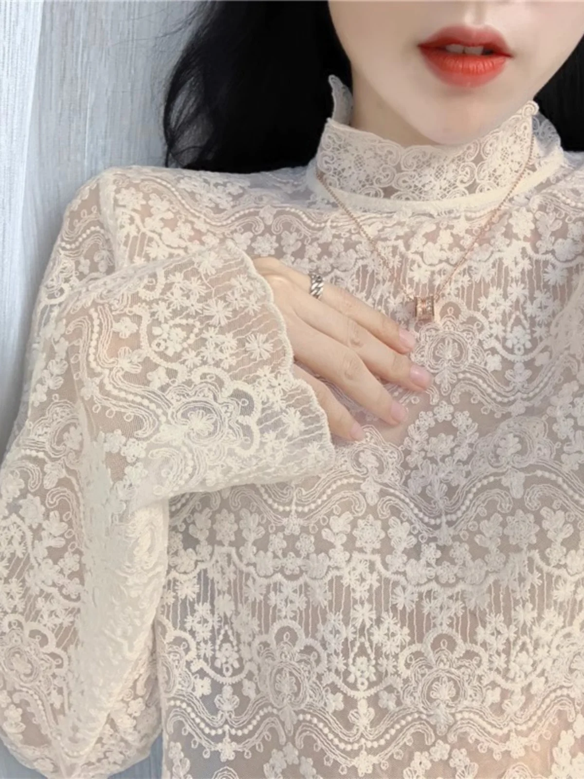 

plus Size Lace Base irt Women's Spring Summer 2025 f High Collar Slimming Inner Wear Top Trendy Korean Sle Long Sve