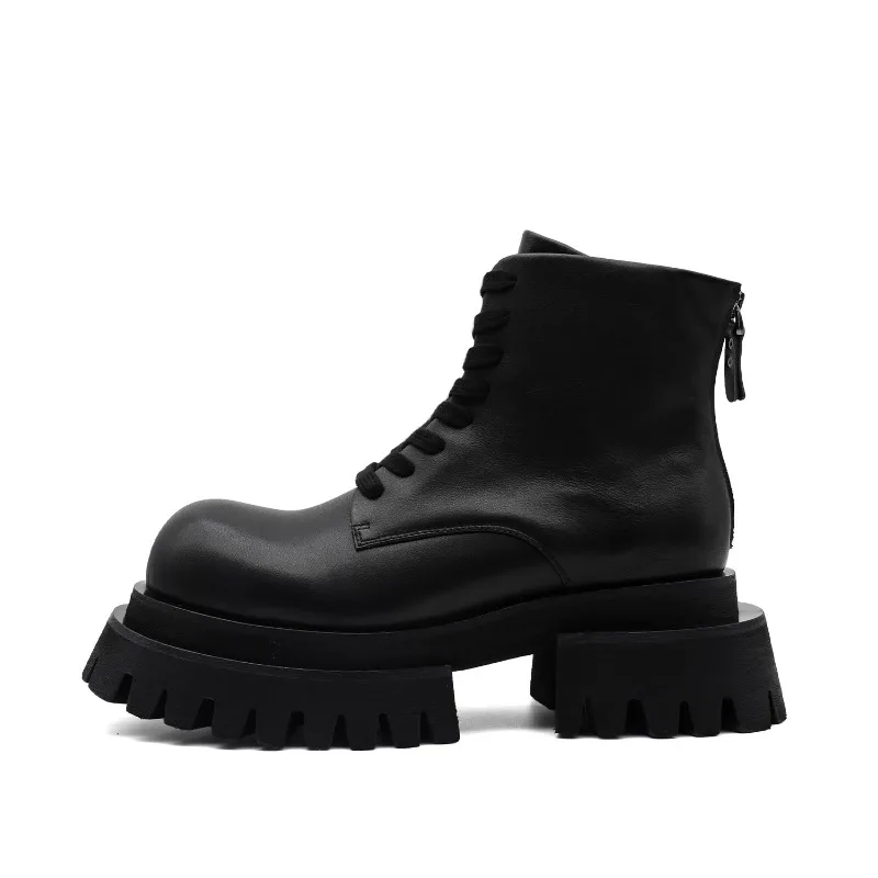 

Винтажные черные ботинки челси с круглым носком, мужская обувь, увеличивающая рост, толстая подошва, ботильоны дерби на шнуровке, мужская рабочая обувь