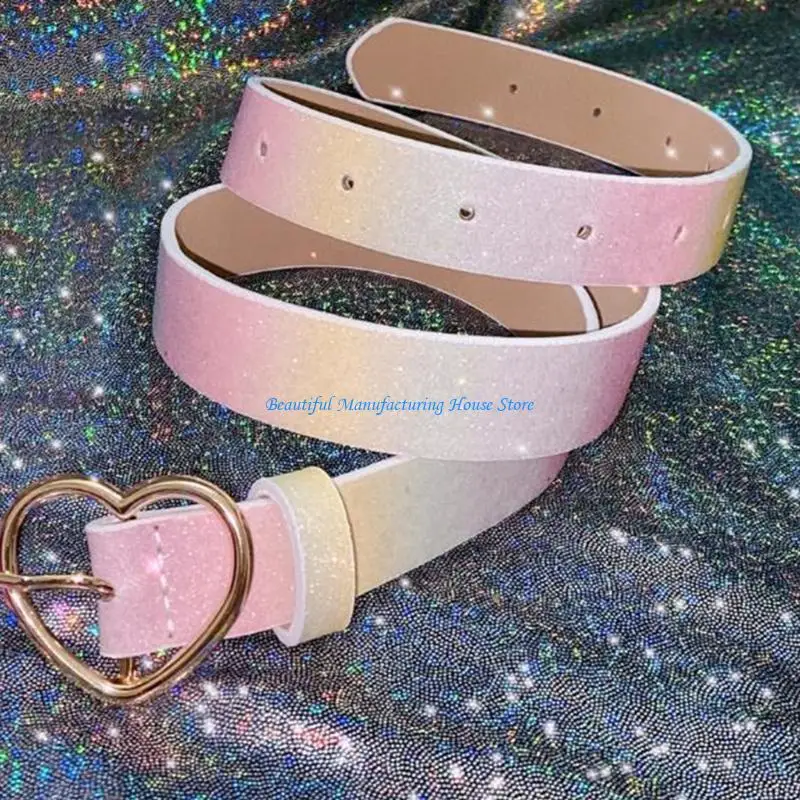 E56A Teens Waist Belt with Heart Buckle Luxurious Ladies Full Sequins Waistband